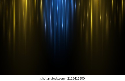 Speed movement pattern design background concept. Abstract glow light lines, golden motion light. Gold glowing neon lines in motion. Yellow and blue horizontal lens flares pack. Vector illustration.