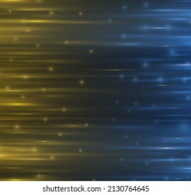 Speed movement pattern design background concept. Abstract glow light lines, golden motion light. Gold glowing neon lines in motion. Yellow and blue horizontal lens flares pack. Vector illustration.