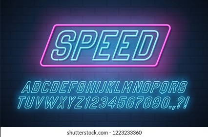 Speed neon italic alphabet. Vector font.