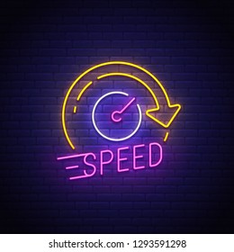 Speed Neon Sign, Bright Signboard, Light Banner. Speedometer Logo Neon, Emblem. Vector Illustration