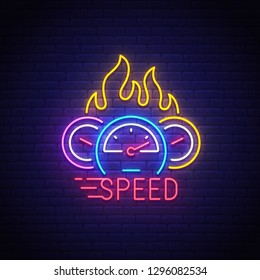 Speed neon sign, bright signboard, light banner. Speedometer logo neon, emblem. Vector illustration