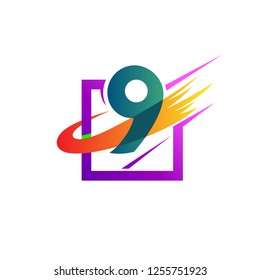 Speed number design logo, swoosh, square, speed, and number 9