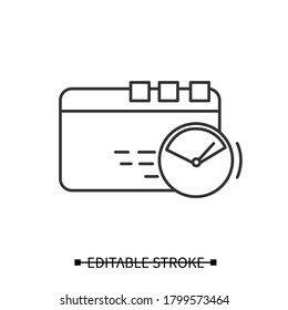 Speed optimization icon. Linear webpage pictogram with speedometer. Concept of lightweight fast loading internet site design and quality web development. Editable stroke vector illustration for ui 