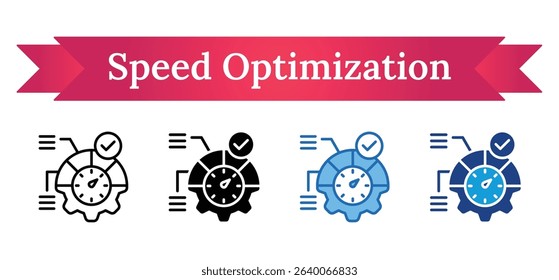 Speed Optimization Multi Style Icon - Gear and speed dial with document flow, representing optimization of tasks for better speed