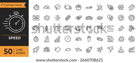 Speed outline icon set. Containing fast, slow, movement, indicator, turbo, speeding, productivity, speedometer, and more. Editable stroke. vector illustration