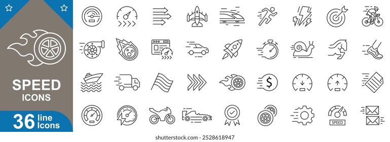 Conjunto de iconos de contorno de velocidad. Lento, normal, rápido, turbo, carga, impulso, velocímetro, alta velocidad y más. ilustrador de Vector.