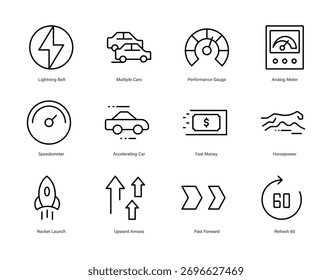Speed Performance and Acceleration Line Icons Set