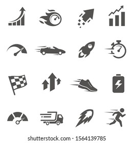 Speed and performance black and white glyph icons set. Business and sport monochrome symbols. Fast cars, charts and speedometers. Race flag, rocket and stopwatch silhouette illustrations pack