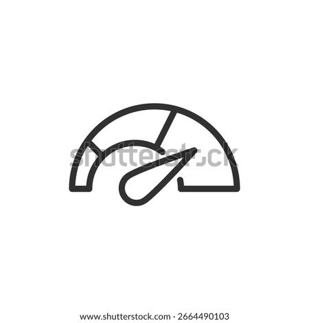Speed performance gauge, linear icon. Measures velocity, acceleration, performance metrics, or system load. Editable stroke.