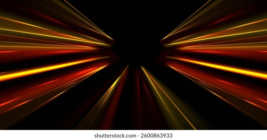 Speed perspective radial lines on black bg - bright orange glowing streaks shooting from center point. Dynamic motion trails with energy beams. Hyperspace jump visualization with racing light paths.