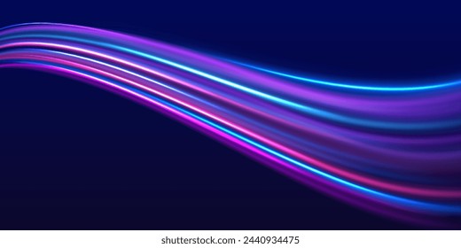 Acelere la línea policial. Rayos láser, rayos de luz horizontal. Senderos de línea de luz de neón brillantes mágicos. Onda púrpura brillante remolino, líneas de cable de impulso. Efecto de alta velocidad movimiento desenfocar luces nocturnas