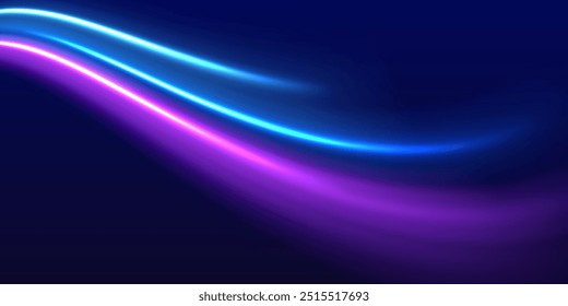 Speed police line. Laser beams, horizontal light rays. Purple glowing wave swirl. High speed effect motion blur night lights. High speed effect motion blur lights for banners.