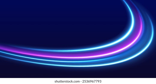 Speed police line. Laser beams, horizontal light rays. Magic shining neon light line trails. Purple glowing wave swirl, impulse cable lines. High speed effect motion blur night lights