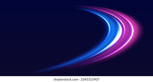 Speed police line. Laser beams, horizontal light rays. Magic shining neon light line trails. Purple glowing wave swirl. High speed effect motion blur night lights. Vector illustration EPS10