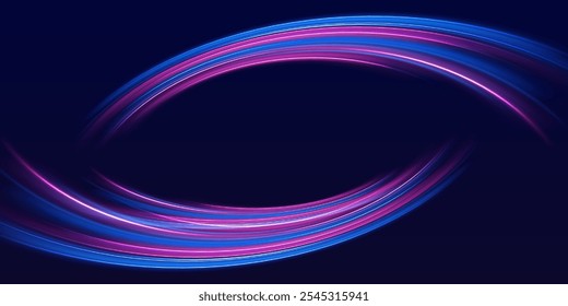 Speed police line. Laser beams, horizontal light rays. Magic shining neon light line trails. Purple glowing wave swirl, impulse cable lines. High speed effect motion blur night lights