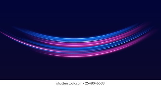 Speed police line. Laser beams, horizontal light rays. Magic shining neon light line trails. Purple glowing wave swirl, impulse cable lines. High speed effect motion blur night lights