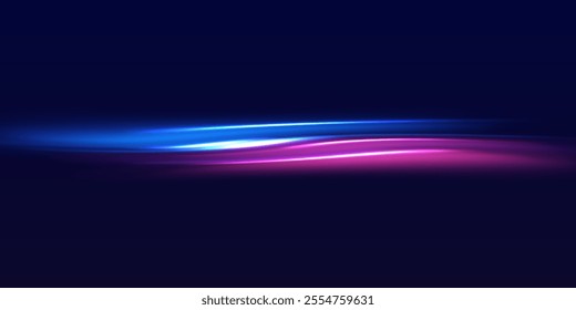 Speed police line. Laser beams, horizontal light rays. Magic shining neon light line trails. Purple glowing wave swirl. High speed effect motion blur night lights. Vector illustration EPS10