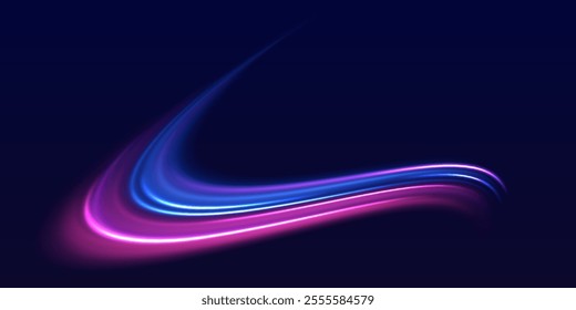 Speed police line. Laser beams, horizontal light rays. Magic shining neon light line trails. Purple glowing wave swirl, impulse cable lines. High speed effect motion blur night lights