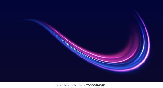 Speed police line. Laser beams, horizontal light rays. Magic shining neon light line trails. Purple glowing wave swirl, impulse cable lines. High speed effect motion blur night lights