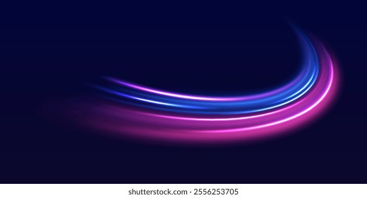 Speed police line. Laser beams, horizontal light rays. Magic shining neon light line trails. Purple glowing wave swirl, impulse cable lines. High speed effect motion blur night lights