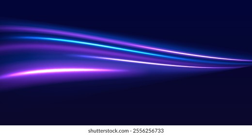 Speed police line. Laser beams, horizontal light rays. Magic shining neon light line trails. Purple glowing wave swirl, impulse cable lines. High speed effect motion blur night lights