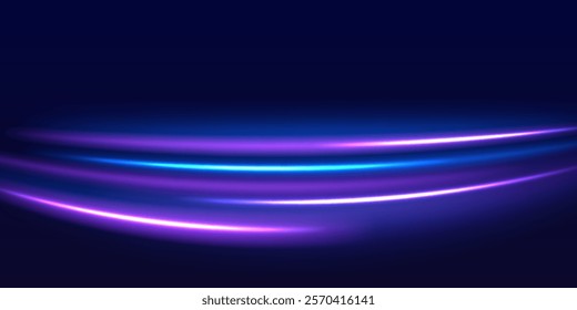 Speed police line. Laser beams, horizontal light rays. Magic shining neon light line trails. Purple glowing wave swirl, impulse cable lines. High speed effect motion blur night lights