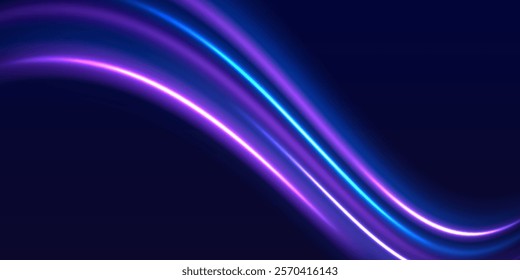 Speed police line. Laser beams, horizontal light rays. Magic shining neon light line trails. Purple glowing wave swirl, impulse cable lines. High speed effect motion blur night lights