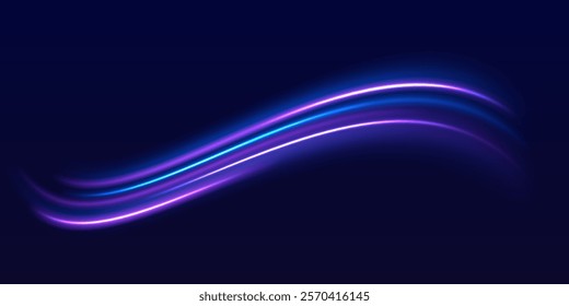 Speed police line. Laser beams, horizontal light rays. Magic shining neon light line trails. Purple glowing wave swirl, impulse cable lines. High speed effect motion blur night lights