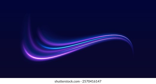 Speed police line. Laser beams, horizontal light rays. Magic shining neon light line trails. Purple glowing wave swirl, impulse cable lines. High speed effect motion blur night lights