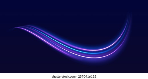 Speed police line. Laser beams, horizontal light rays. Magic shining neon light line trails. Purple glowing wave swirl, impulse cable lines. High speed effect motion blur night lights