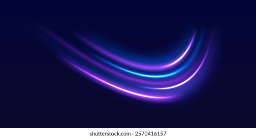 Speed police line. Laser beams, horizontal light rays. Magic shining neon light line trails. Purple glowing wave swirl, impulse cable lines. High speed effect motion blur night lights