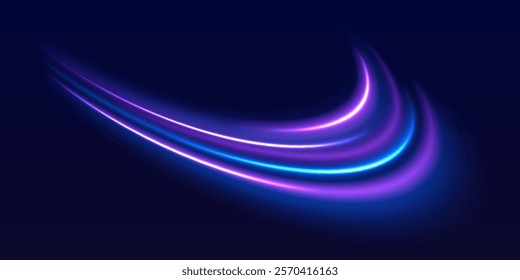 Speed police line. Laser beams, horizontal light rays. Magic shining neon light line trails. Purple glowing wave swirl, impulse cable lines. High speed effect motion blur night lights