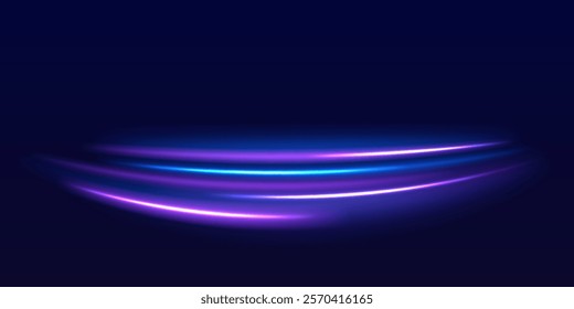 Speed police line. Laser beams, horizontal light rays. Magic shining neon light line trails. Purple glowing wave swirl, impulse cable lines. High speed effect motion blur night lights