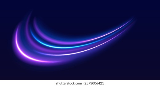 Speed police line. Laser beams, horizontal light rays. Magic shining neon light line trails. Purple glowing wave swirl, impulse cable lines. High speed effect motion blur night lights