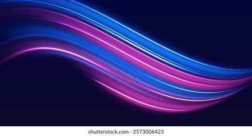 Speed police line. Laser beams, horizontal light rays. Magic shining neon light line trails. Purple glowing wave swirl, impulse cable lines. High speed effect motion blur night lights