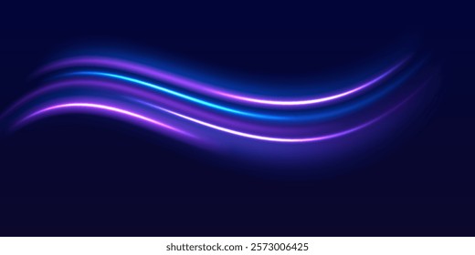 Speed police line. Laser beams, horizontal light rays. Magic shining neon light line trails. Purple glowing wave swirl, impulse cable lines. High speed effect motion blur night lights