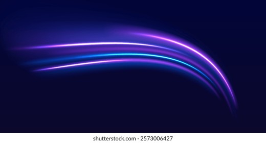 Speed police line. Laser beams, horizontal light rays. Magic shining neon light line trails. Purple glowing wave swirl, impulse cable lines. High speed effect motion blur night lights