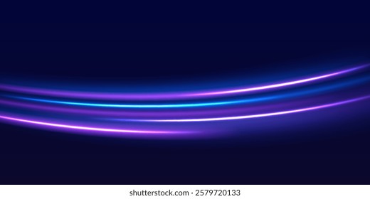 Speed police line. Laser beams, horizontal light rays. Magic shining neon light line trails. Purple glowing wave swirl, impulse cable lines. High speed effect motion blur night lights