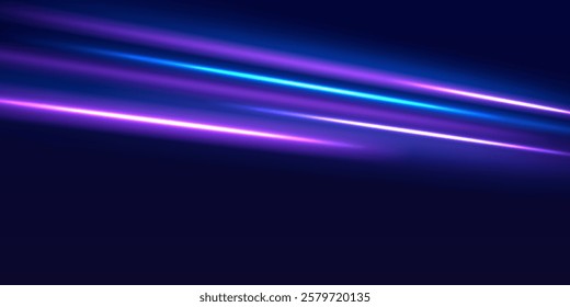 Speed police line. Laser beams, horizontal light rays. Magic shining neon light line trails. Purple glowing wave swirl, impulse cable lines. High speed effect motion blur night lights