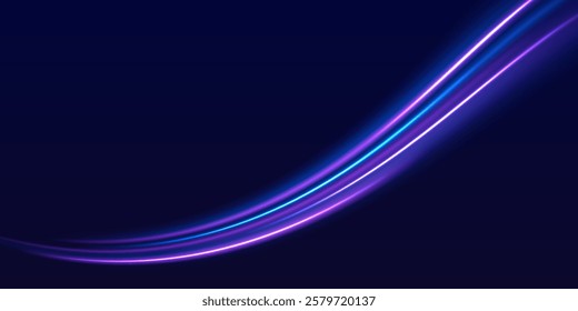 Speed police line. Laser beams, horizontal light rays. Magic shining neon light line trails. Purple glowing wave swirl, impulse cable lines. High speed effect motion blur night lights