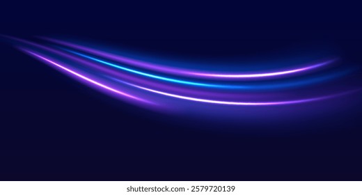 Speed police line. Laser beams, horizontal light rays. Magic shining neon light line trails. Purple glowing wave swirl, impulse cable lines. High speed effect motion blur night lights