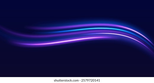 Speed police line. Laser beams, horizontal light rays. Magic shining neon light line trails. Purple glowing wave swirl, impulse cable lines. High speed effect motion blur night lights