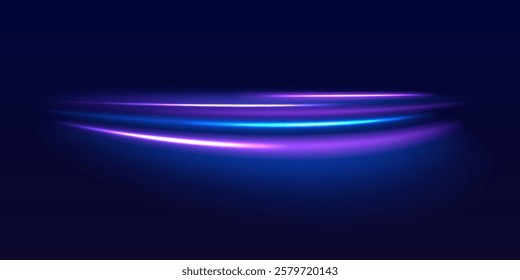 Speed police line. Laser beams, horizontal light rays. Magic shining neon light line trails. Purple glowing wave swirl, impulse cable lines. High speed effect motion blur night lights