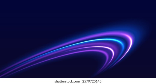 Speed police line. Laser beams, horizontal light rays. Magic shining neon light line trails. Purple glowing wave swirl, impulse cable lines. High speed effect motion blur night lights