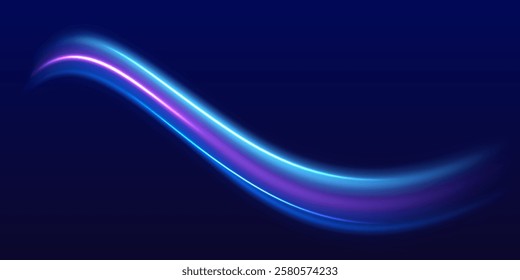 Speed police line. Laser beams, horizontal light rays. Magic shining neon light line trails. Purple glowing wave swirl, impulse cable lines. High speed effect motion blur night lights