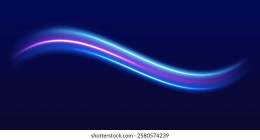 Speed police line. Laser beams, horizontal light rays. Magic shining neon light line trails. Purple glowing wave swirl, impulse cable lines. High speed effect motion blur night lights