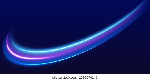 Speed police line. Laser beams, horizontal light rays. Magic shining neon light line trails. Purple glowing wave swirl, impulse cable lines. High speed effect motion blur night lights