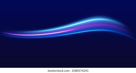 Speed police line. Laser beams, horizontal light rays. Magic shining neon light line trails. Purple glowing wave swirl, impulse cable lines. High speed effect motion blur night lights