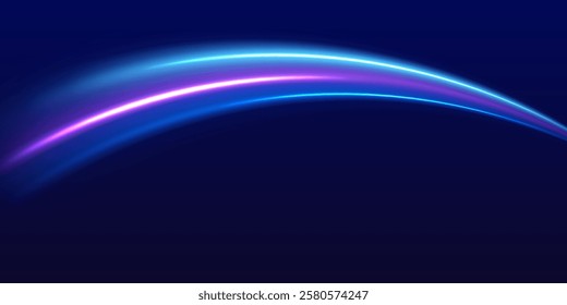 Speed police line. Laser beams, horizontal light rays. Magic shining neon light line trails. Purple glowing wave swirl, impulse cable lines. High speed effect motion blur night lights