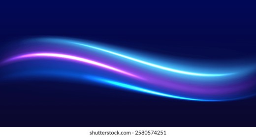 Speed police line. Laser beams, horizontal light rays. Magic shining neon light line trails. Purple glowing wave swirl, impulse cable lines. High speed effect motion blur night lights